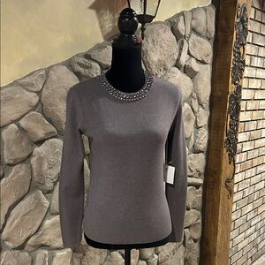 NWT Elegant Embellished Collar Grey Knit Sweater XS
